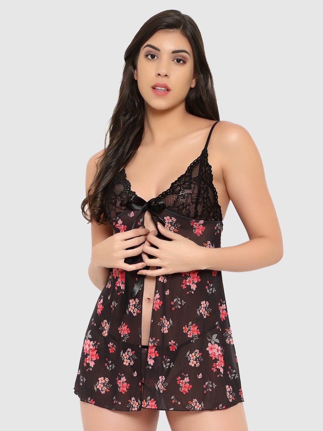

Boldwink Women Floral Printed Baby Doll, Black