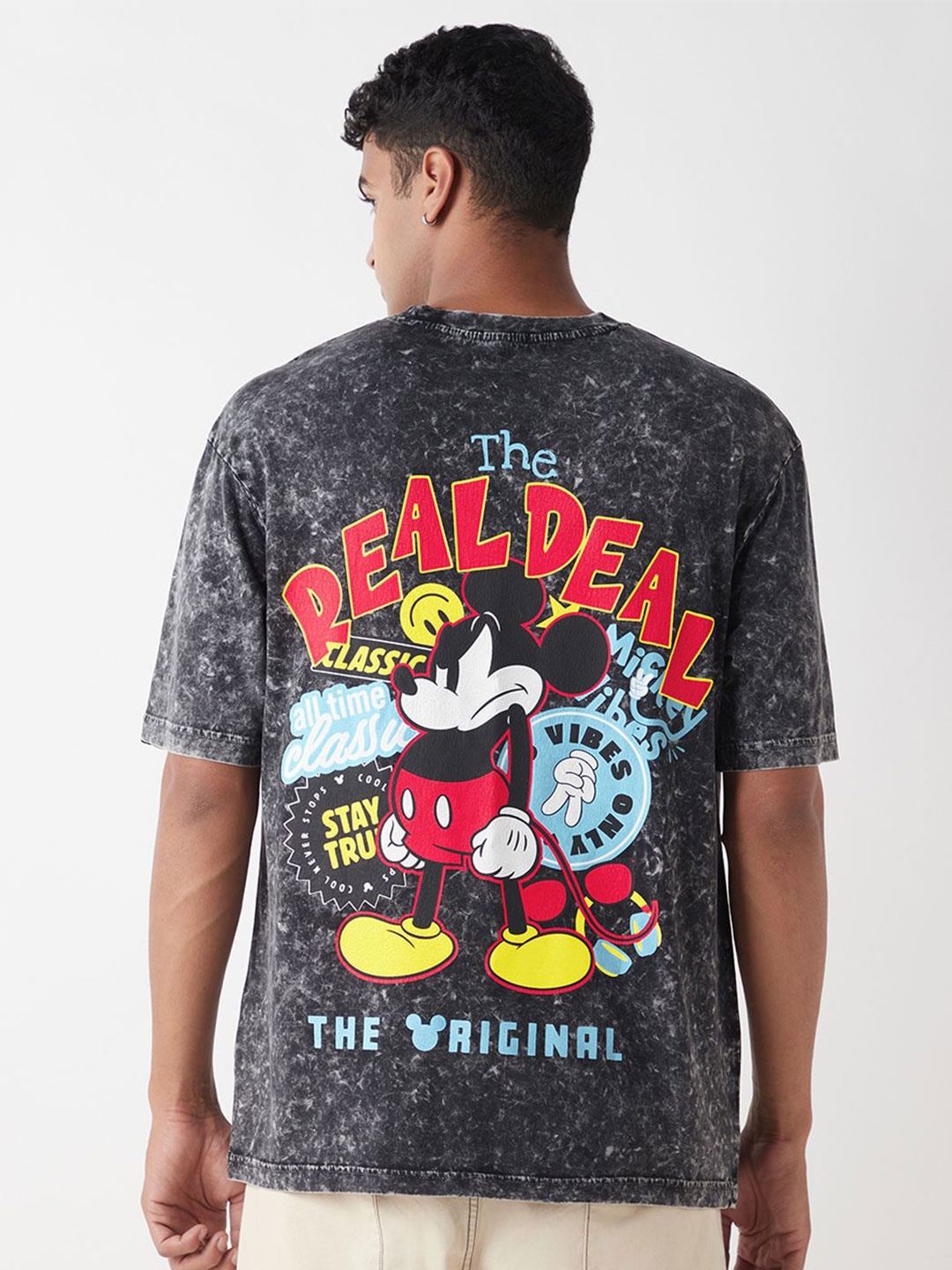 

Bewakoof Men Mickey Mouse Graphic Printed Round Neck Cotton Oversized Acid wash T-Shirt, Charcoal
