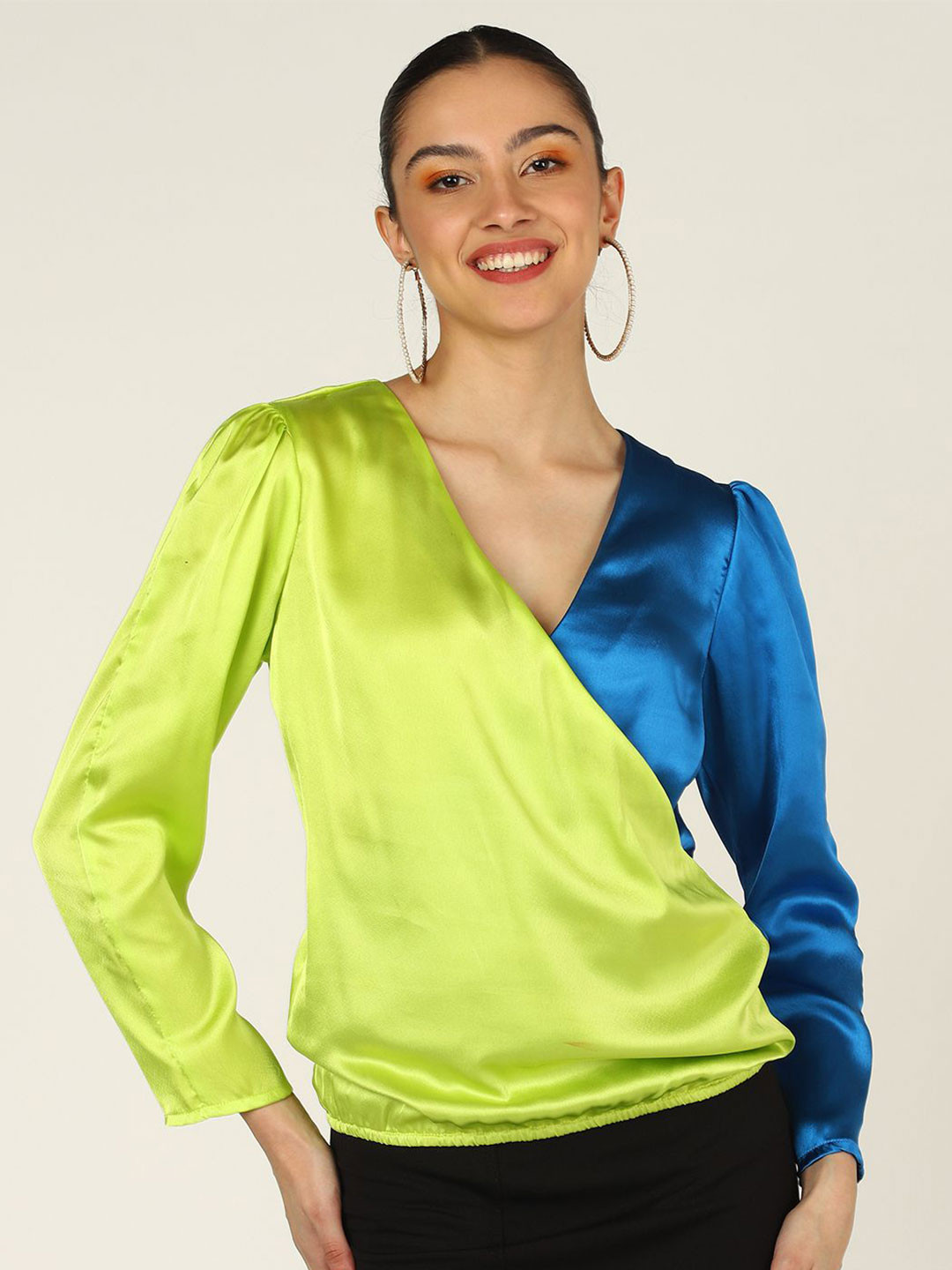 

MISS HAUTE Women Colourblocked Wrap Top, Blue