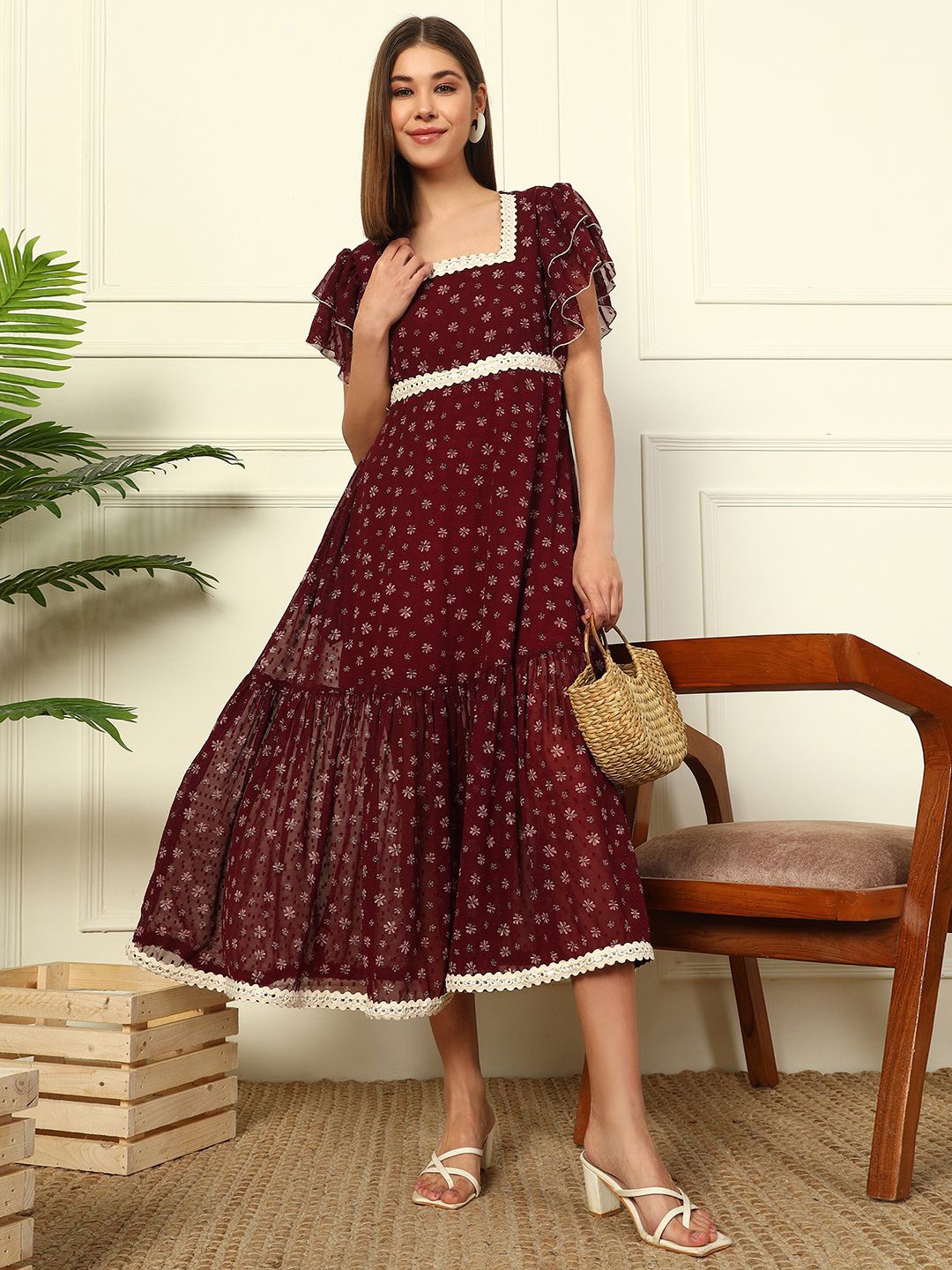 

DEEBACO Floral Print Georgette Fit & Flare Midi Dress, Maroon