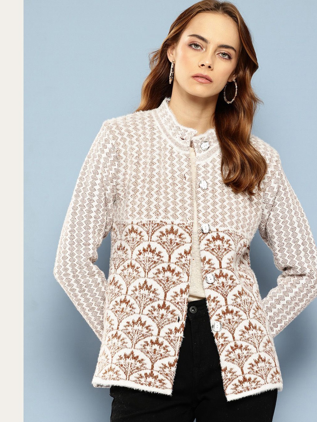 

BAESD Women Floral Printed Woollen Cardigan, Brown