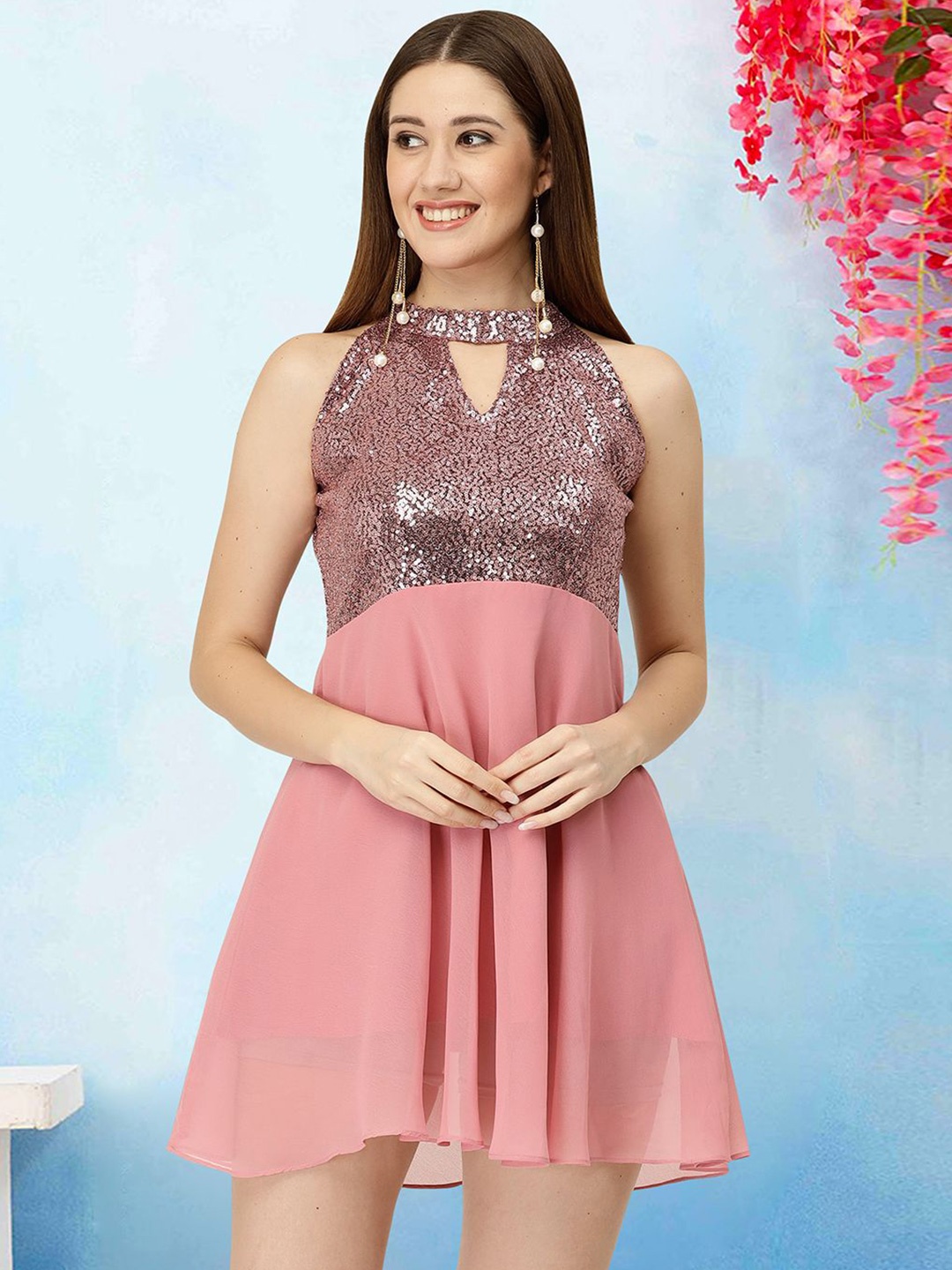 

MISS AYSE Women Embellished Keyhole Neck Cotton Fit & Flare Dress, Pink