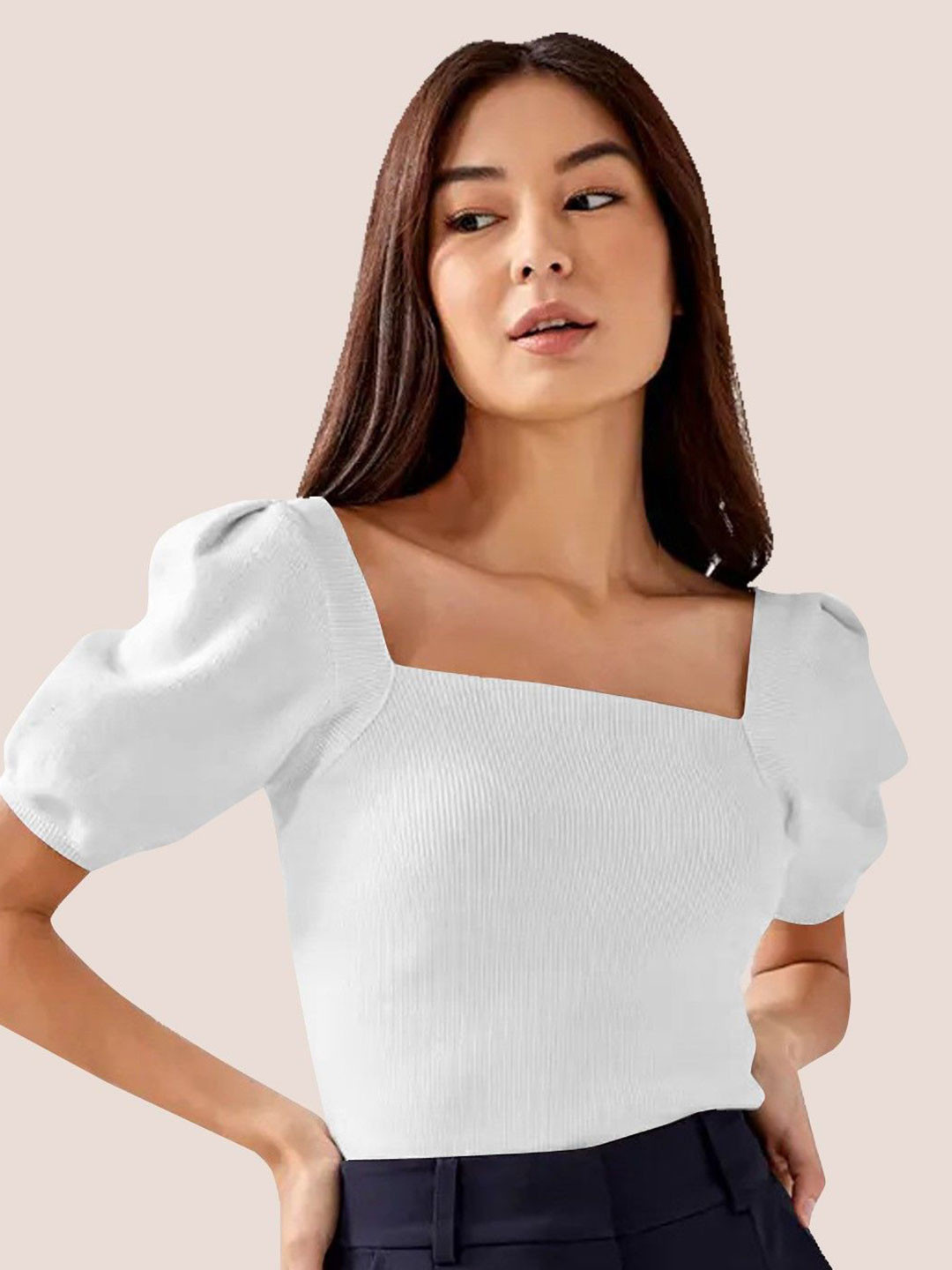 

BerryBird Women Square Neck Puff Sleeve A-Line Top, White