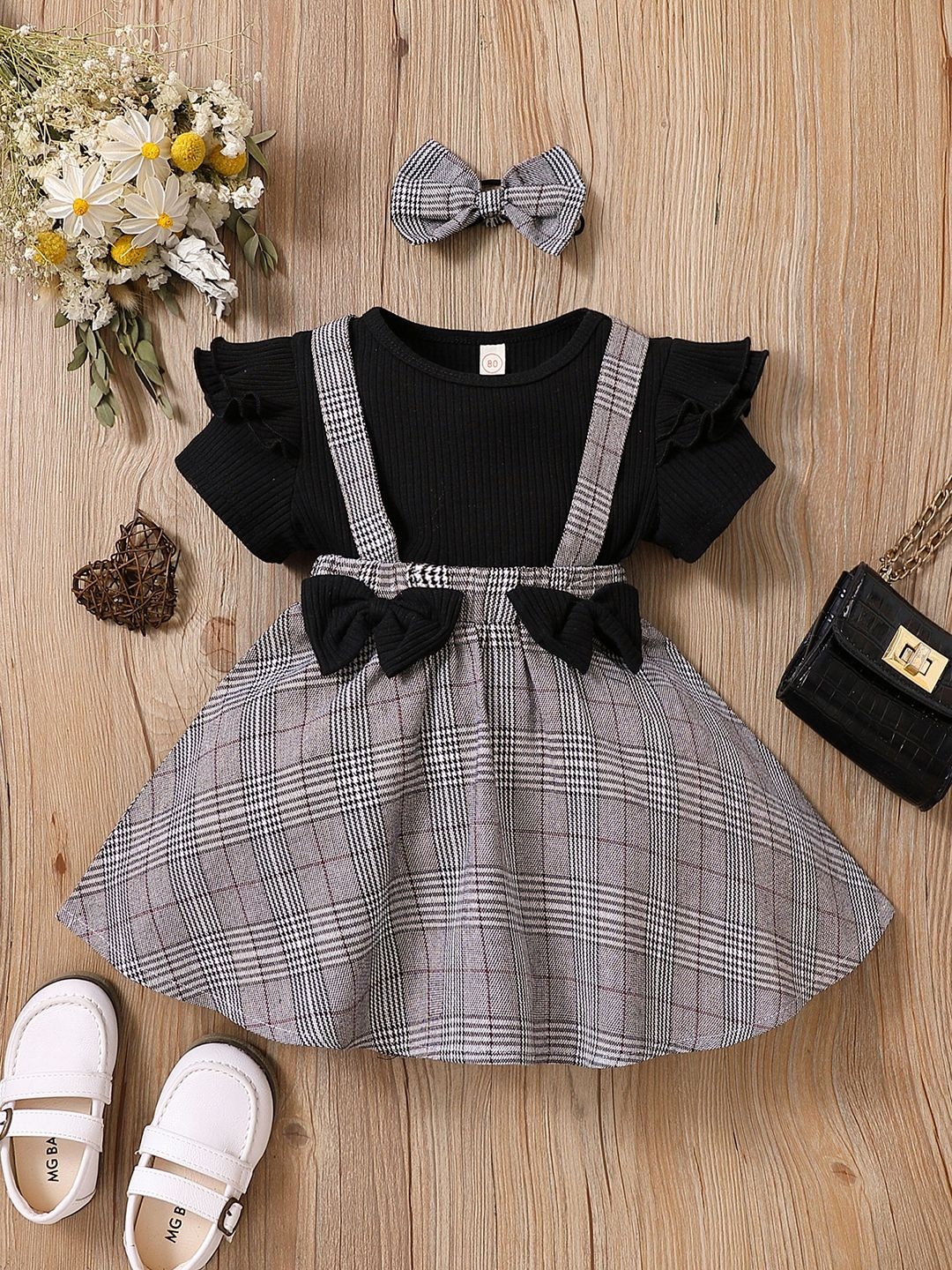 

YK Girls Checked Printed Top With Skirt, Black