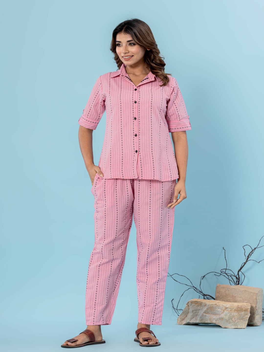 

DIZON Women Pure Cotton Striped Shirt With Trousers Co-ords Set, Pink