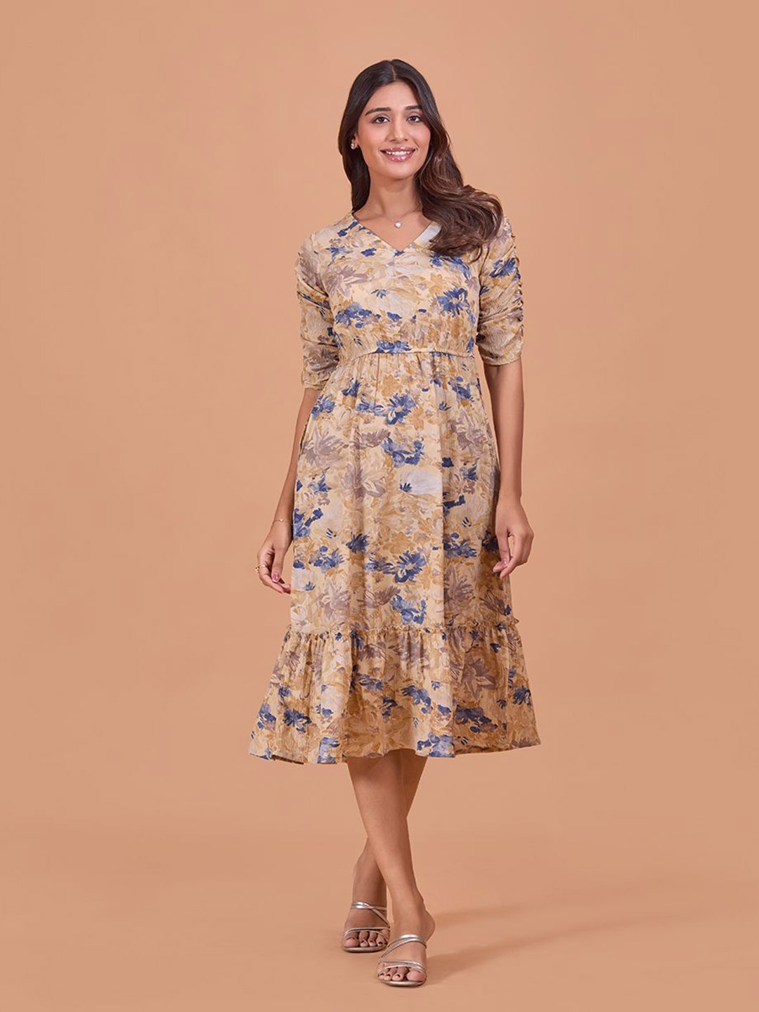 

Fashfun Floral Print Puff Sleeve Fit & Flare Midi Dress, Yellow