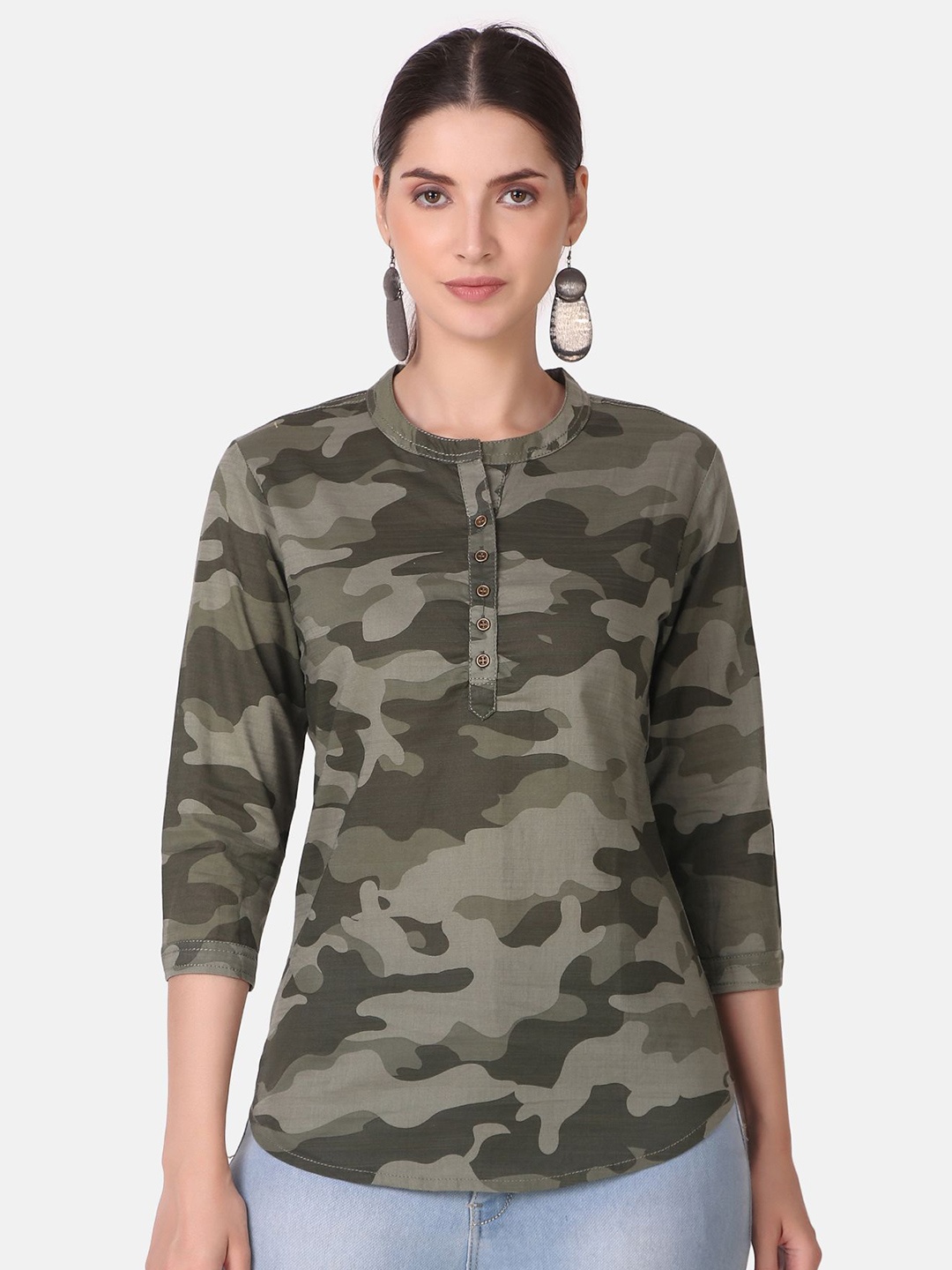 

Pose india Women Mandarin Collar Cotton Top, Green