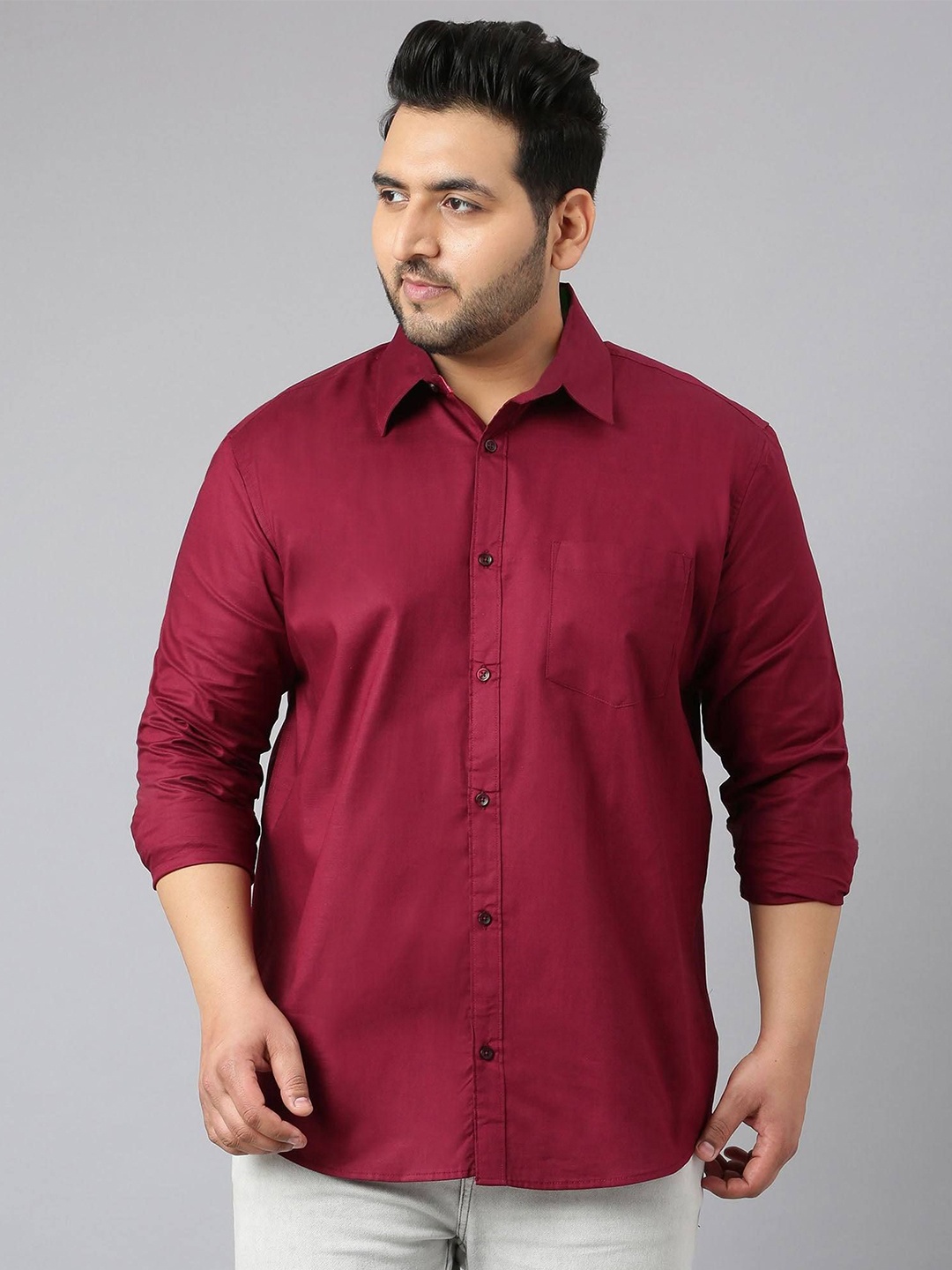 

Guniaa Men Plus Size Classic Oversized Fit Spread Collar Solid Cotton Casual Shirt, Maroon