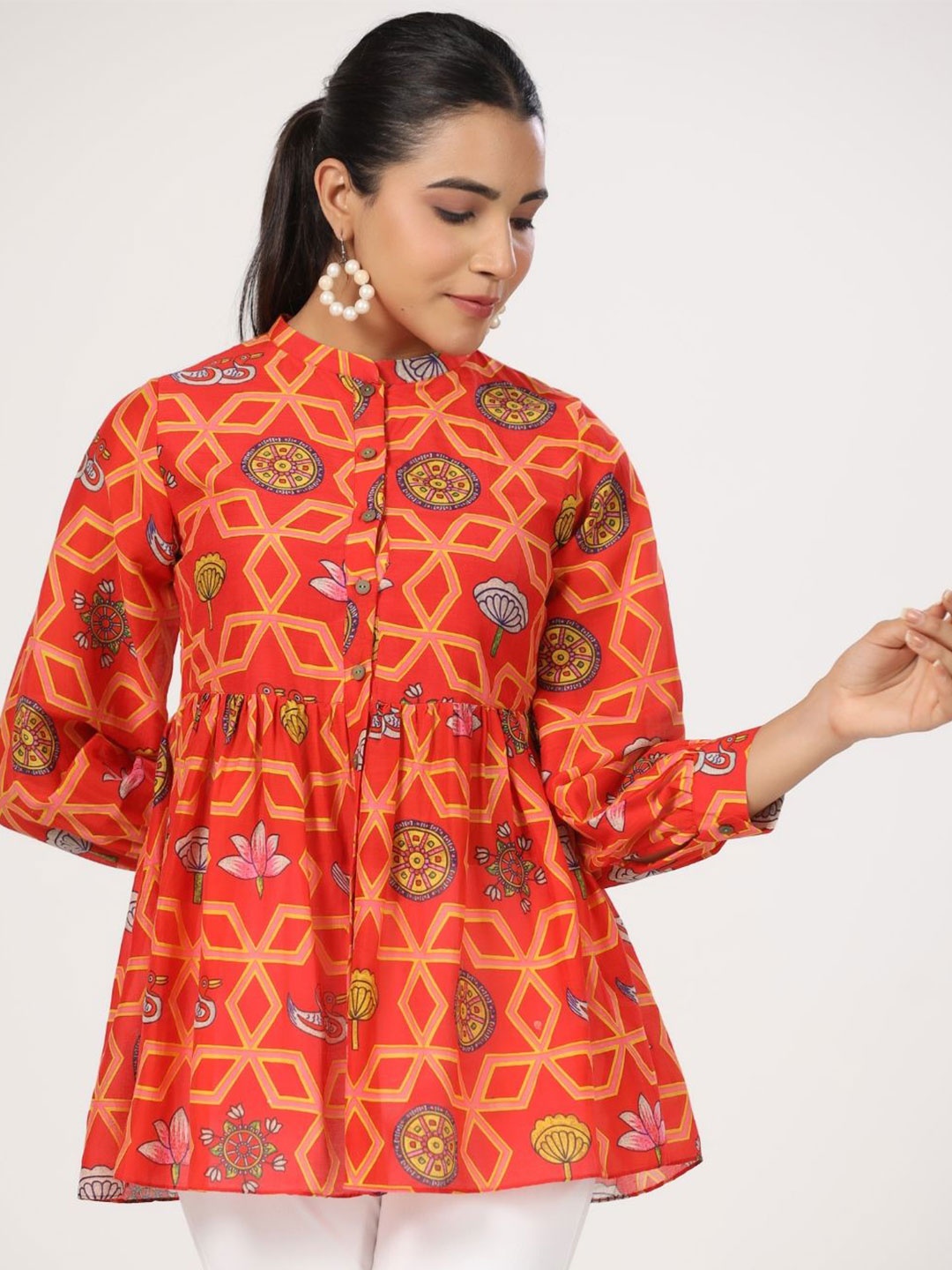 

JAIPURRANG Floral Printed Mandarin Collar Peplum Top, Orange