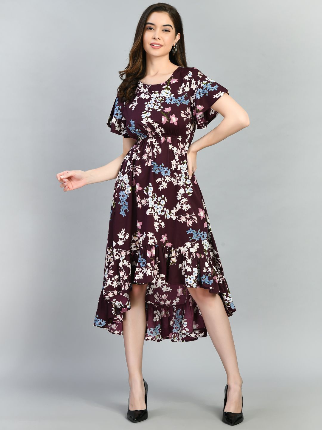 

PRETTY LOVING THING Women Floral Printed Fit & Flare Knee Length Dress, Brown