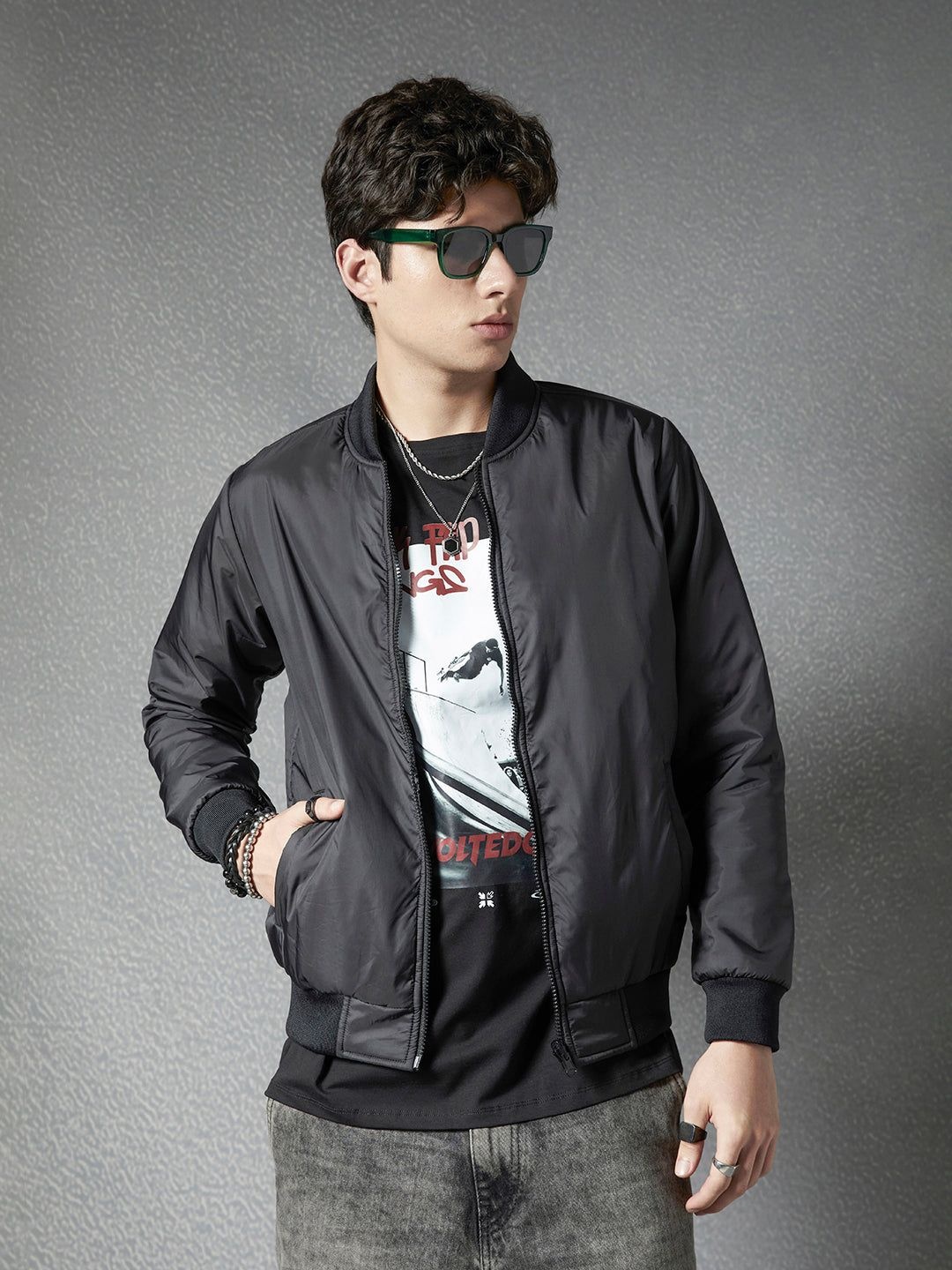 

VOLTEDGE Men Stand Collar Solid Cotton Casual Lightweight Bomber Jacket, Black
