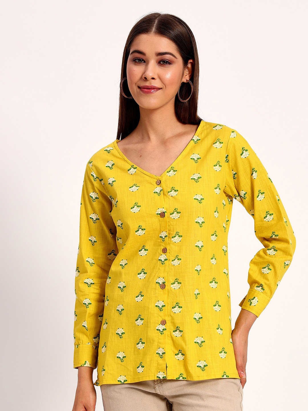 

Peikh Women Floral Printed V-Neck Shirt Style Linen Top, Yellow