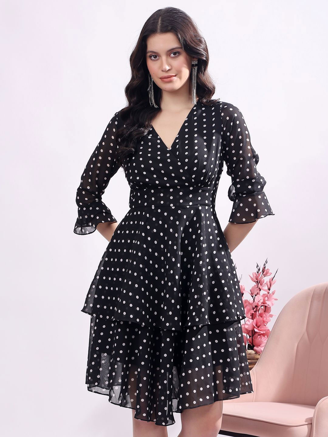 

T TRYON ULTIMATE Polka Dot Layered Georgette Fit & Flare Dress, Black