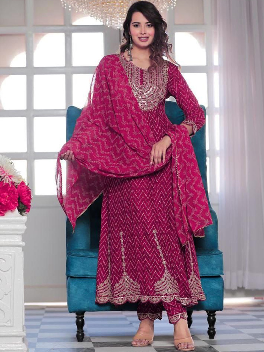 

GF HUB Bandhani Printed Empire Thread Work Kurta with Trousers & With Dupatta, Pink