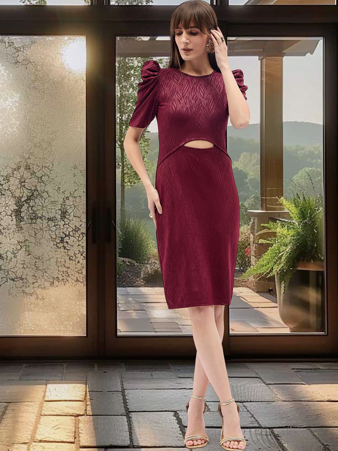 

DressBerry Women Puff Sleeves Bodycon Dress, Maroon