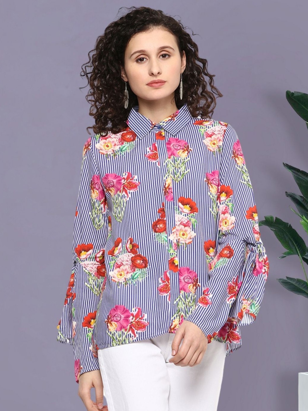 

Moda Elementi Women Classic Fit Floral Spread Collar Printed Casual Shirt, Blue