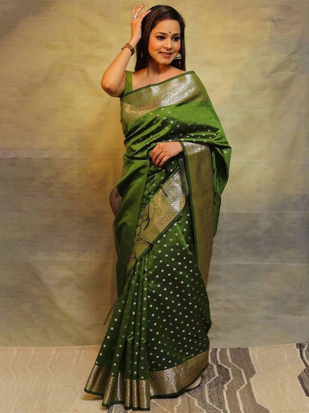 

KALINI Woven Design Zari Silk Cotton Half and Half Banarasi Saree, Olive