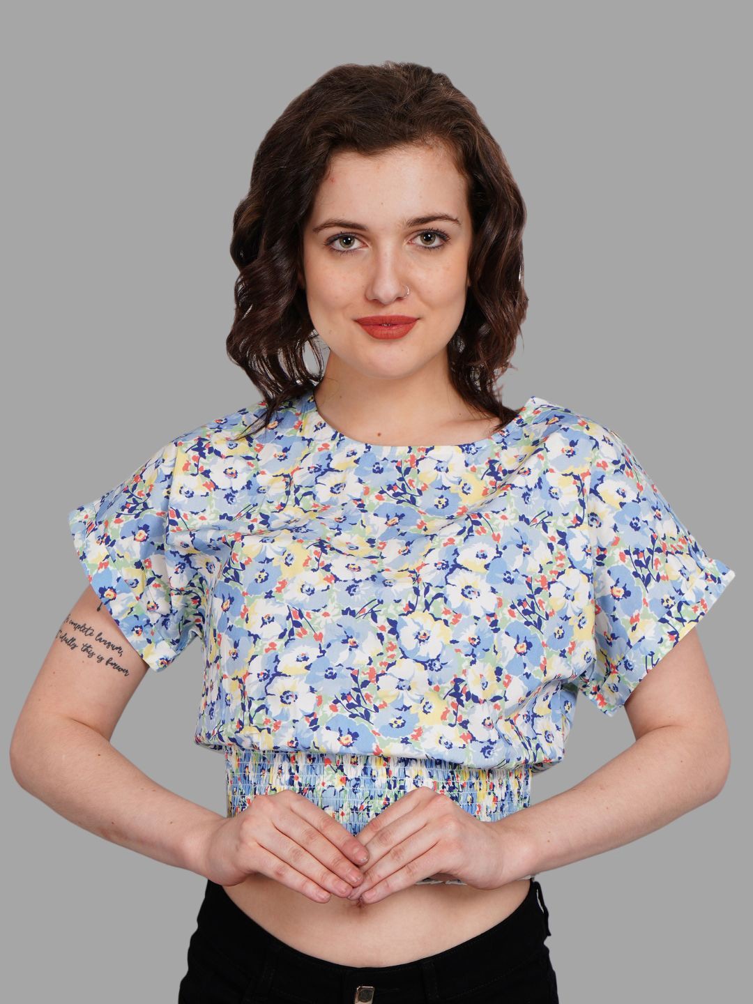 

Kiarabel Retail Floral Print Flutter Sleeve Blouson Crop Top, Blue