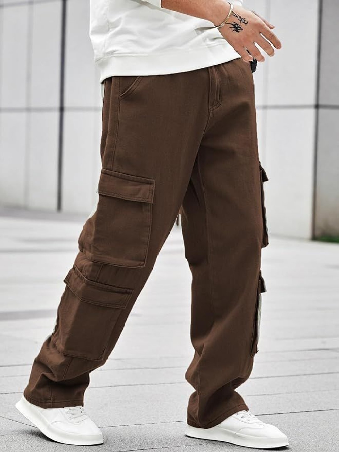 

URBAN INDY Men Mid Rise Cargo Trousers, Brown
