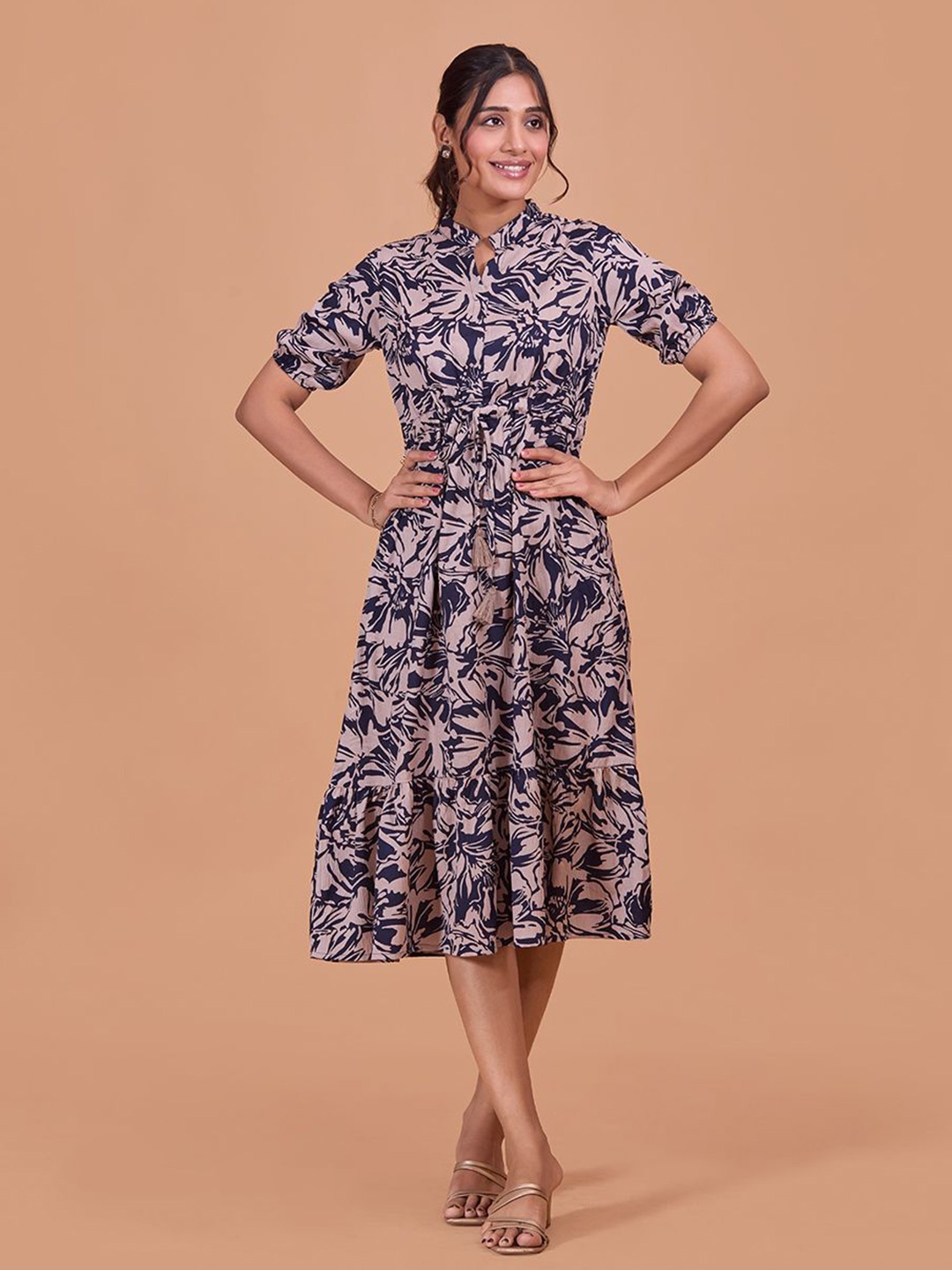 

Fashfun Women Floral Printed Puff Sleeve Fit & Flare Midi Dress, Navy blue