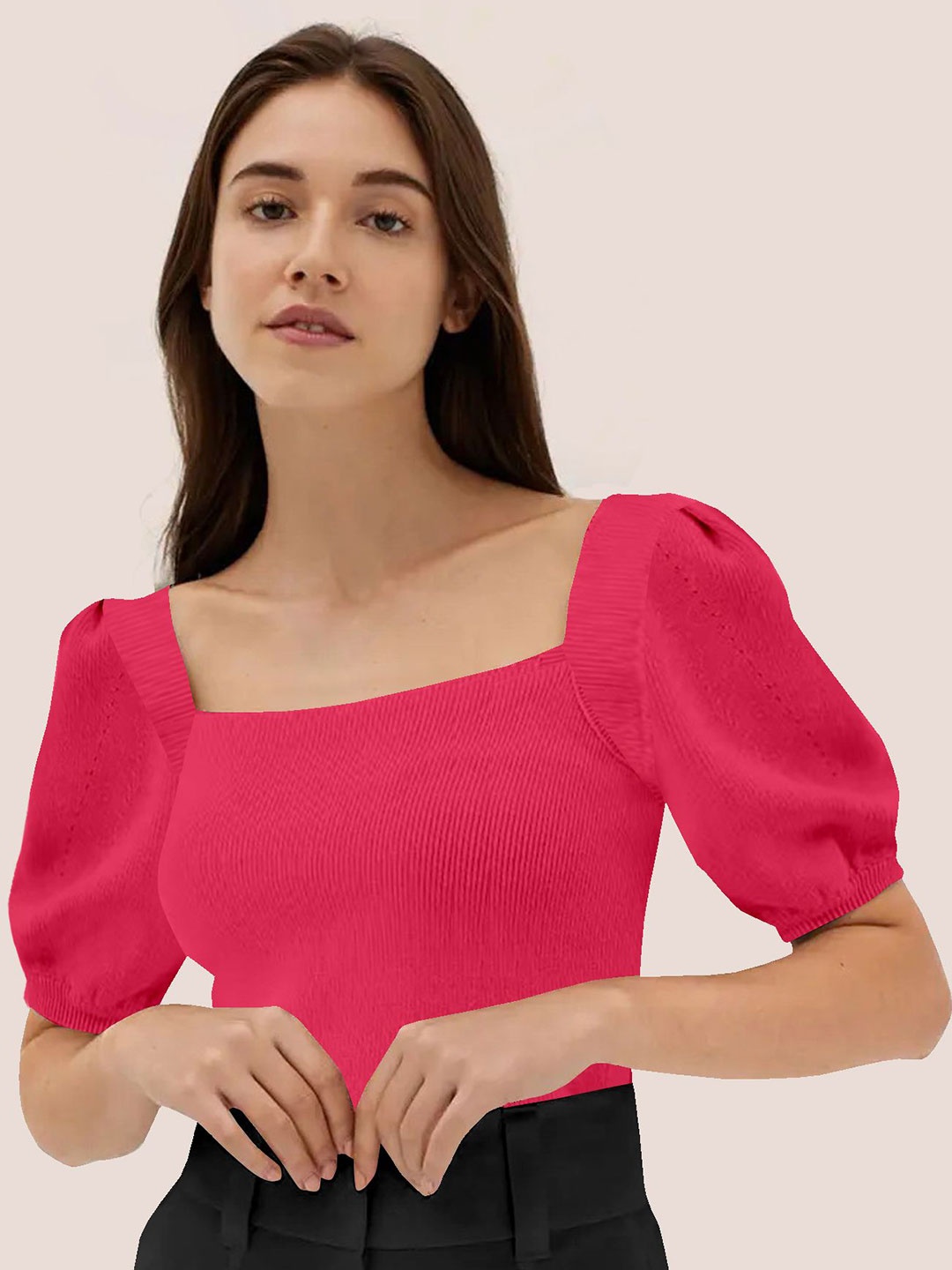 

BerryBird Square Neck Puff Sleeve Knitted Top, Pink