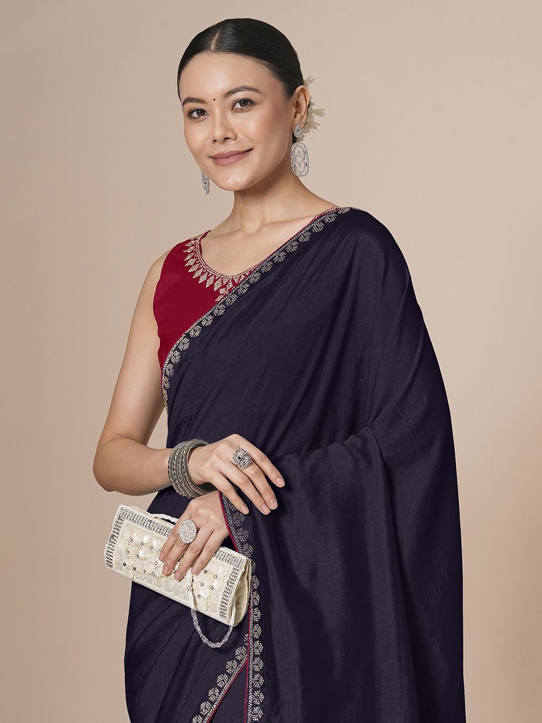 

House of Pataudi Embellished Saree With Blouse Piece, Purple
