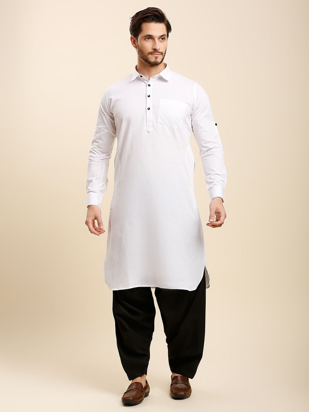 

RAJUBHAI HARGOVINDAS Shirt Collar Roll-Up Sleeves Linen Pathani Kurta, White