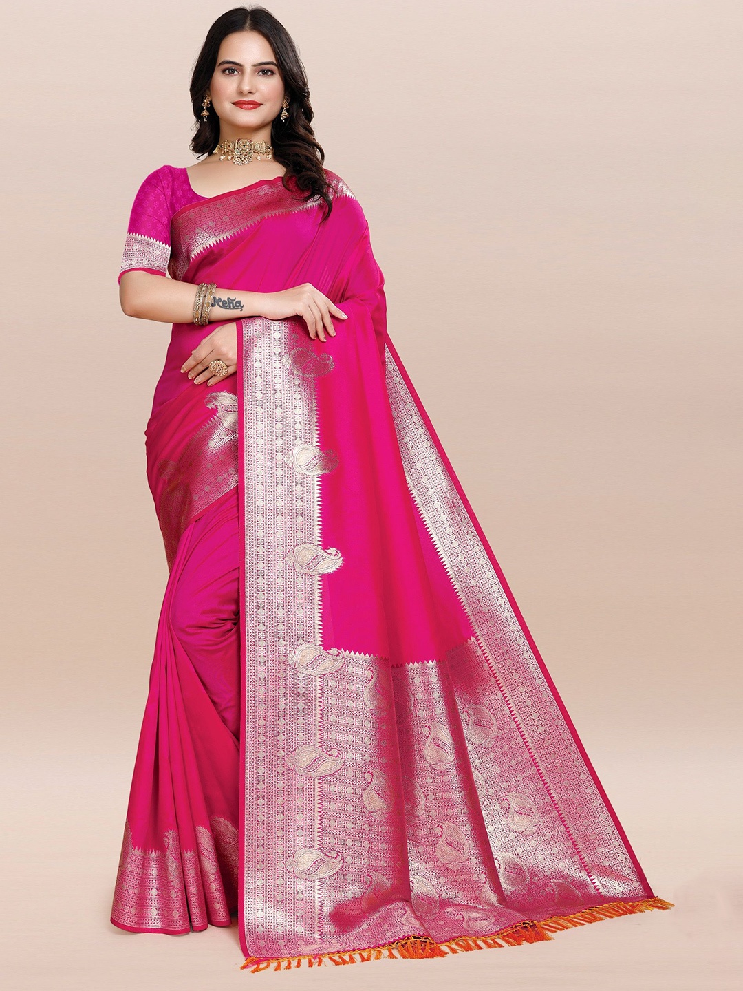 

TORONFRAS Woven Design Zari Silk Blend Banarasi Saree, Pink