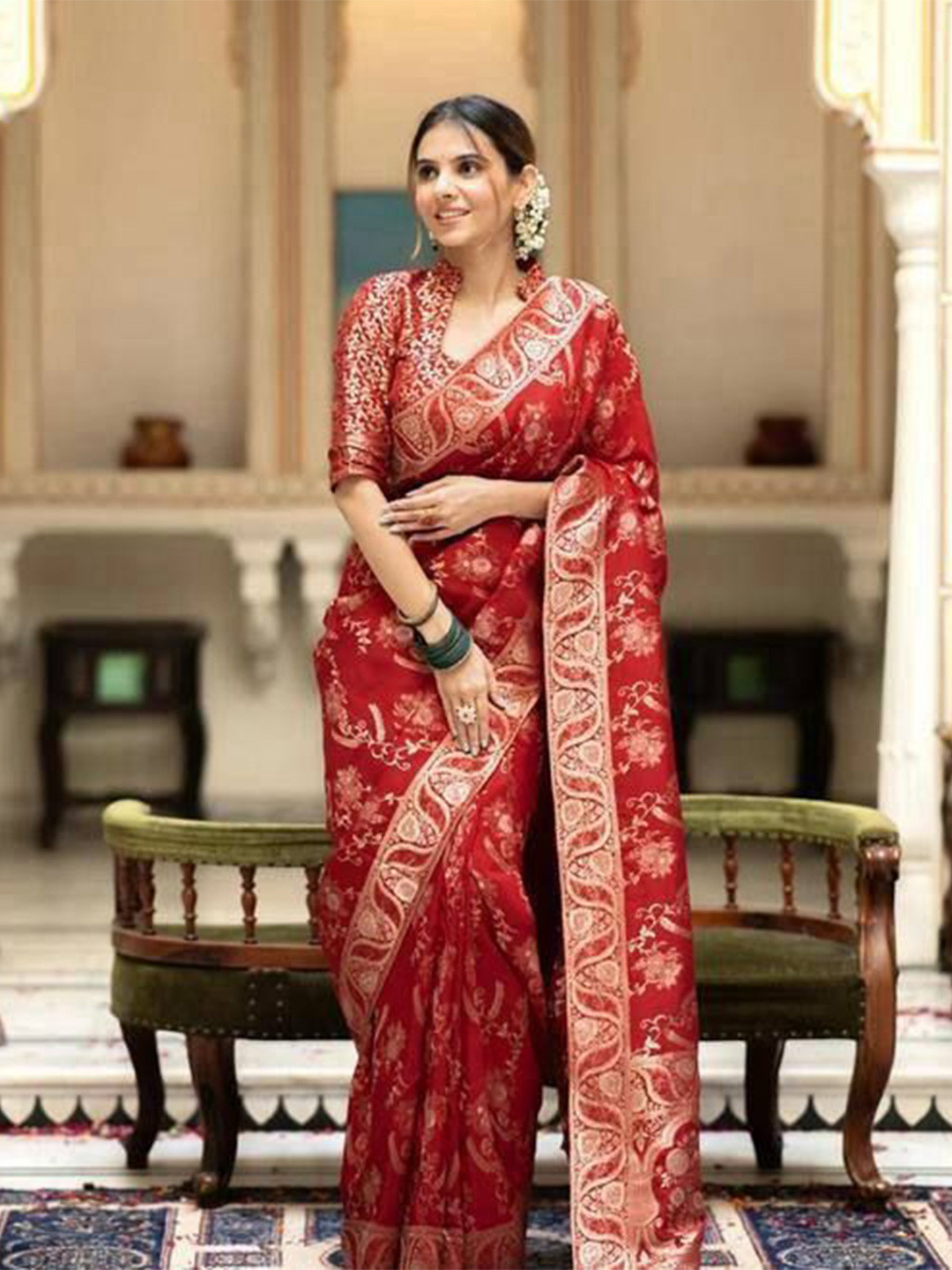 

Anouk Woven Design Zari Silk Blend Banarasi Saree, Red