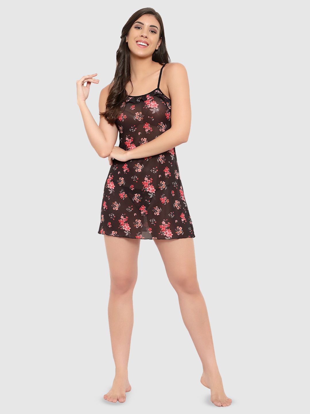 

Boldwink Women Floral Printed Semi-Sheer Baby Doll, Black