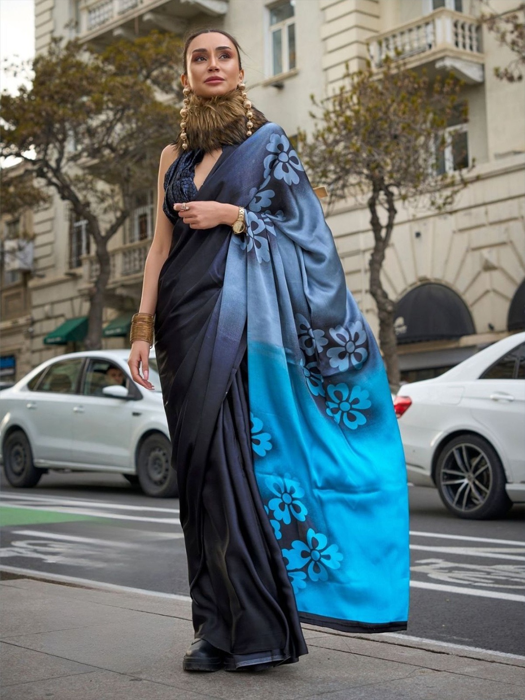 

ODETTE Floral Satin Saree, Black