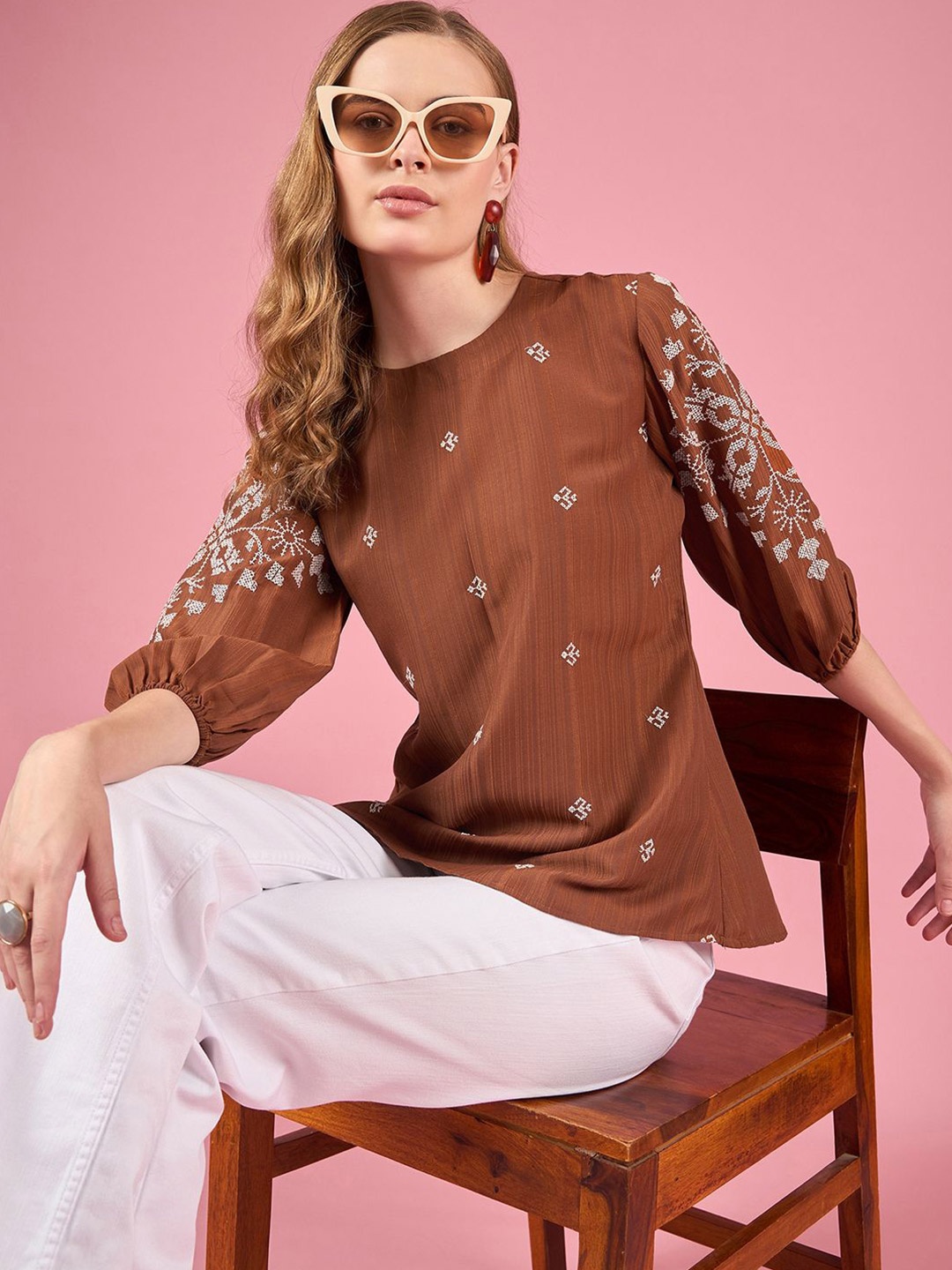 

DressBerry Women Geometric Embroidered Puff Sleeve Top, Brown