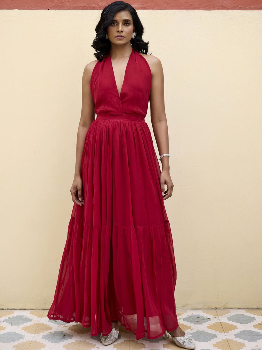 

BAARO MASI Women Halter Neck Maxi Dress, Red