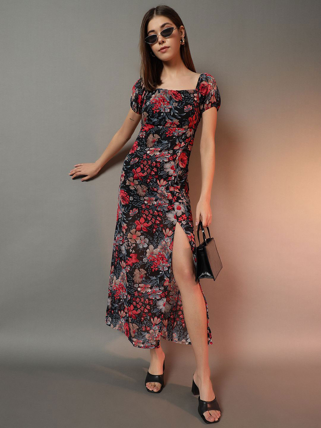 

BAESD Women Floral Printed Fit & Flare Midi Dress, Black