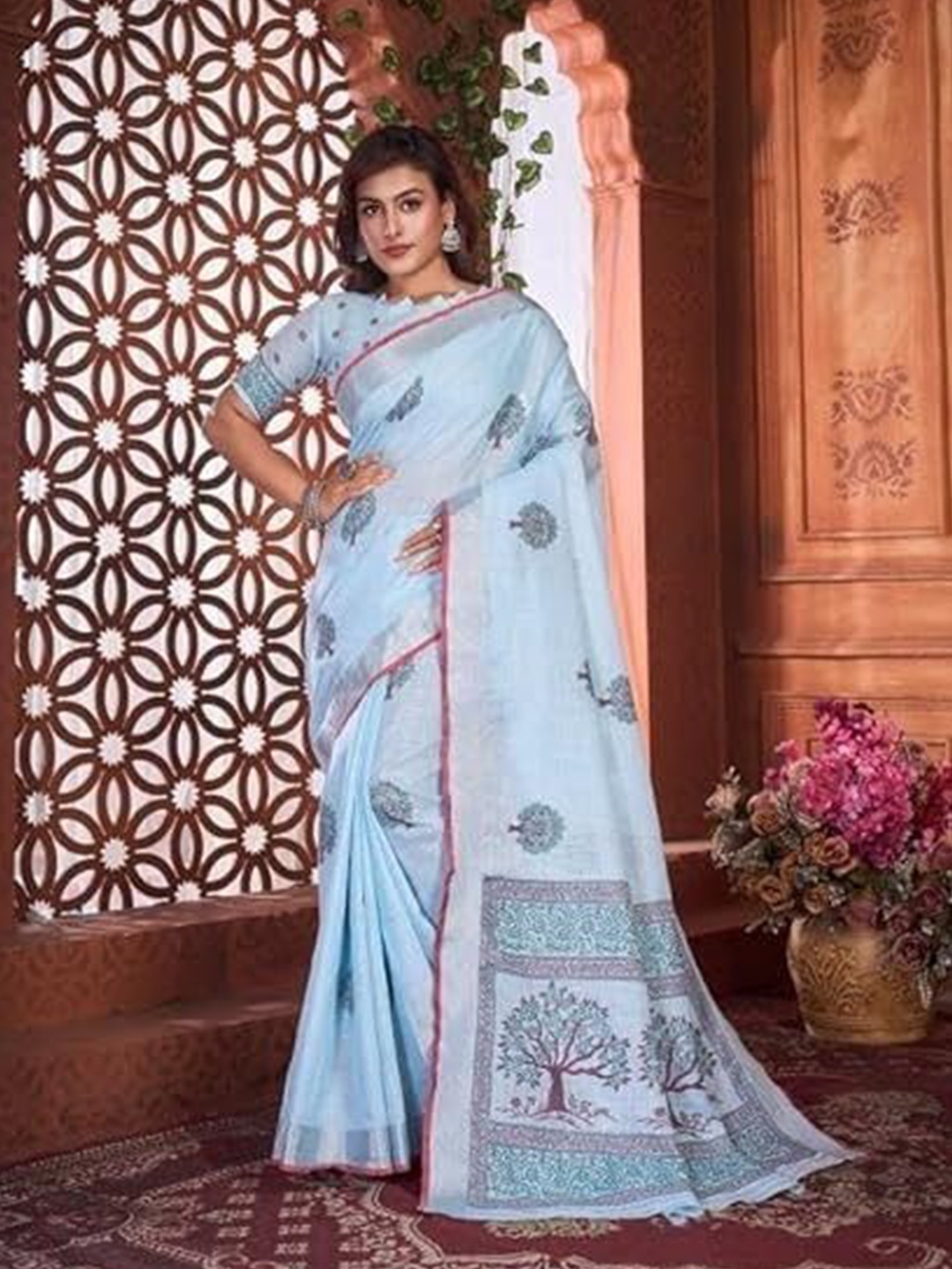 

NEGRONI Ethnic Motifs Linen Blend Saree, Blue