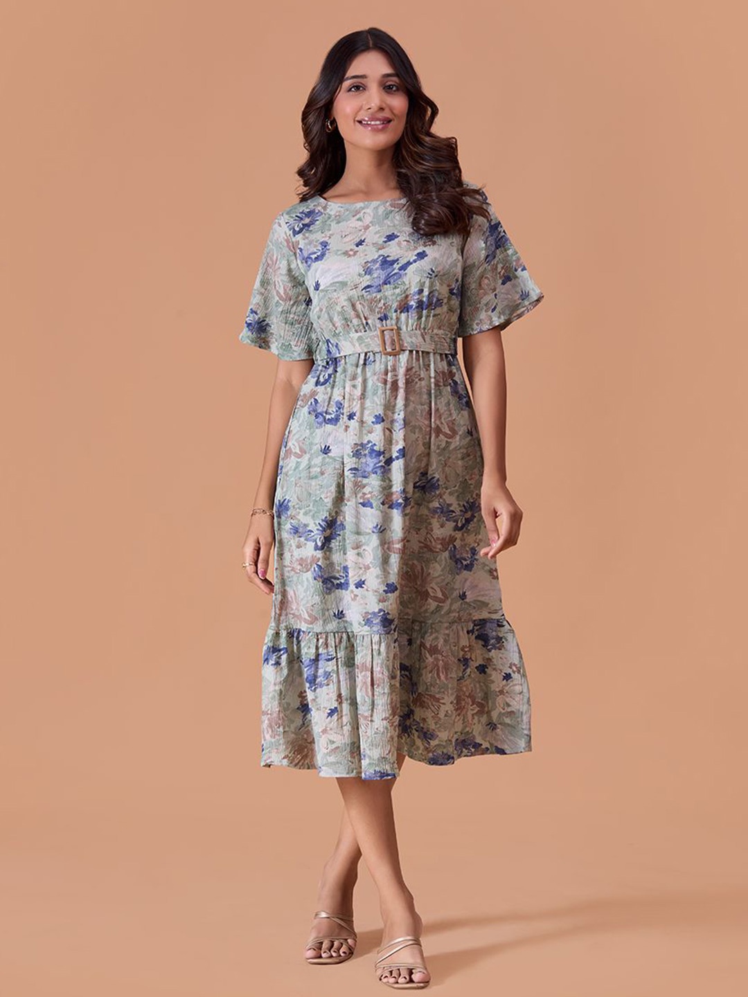 

Fashfun Women Floral Printed Bell Sleeve Fit & Flare Midi Dress, Green