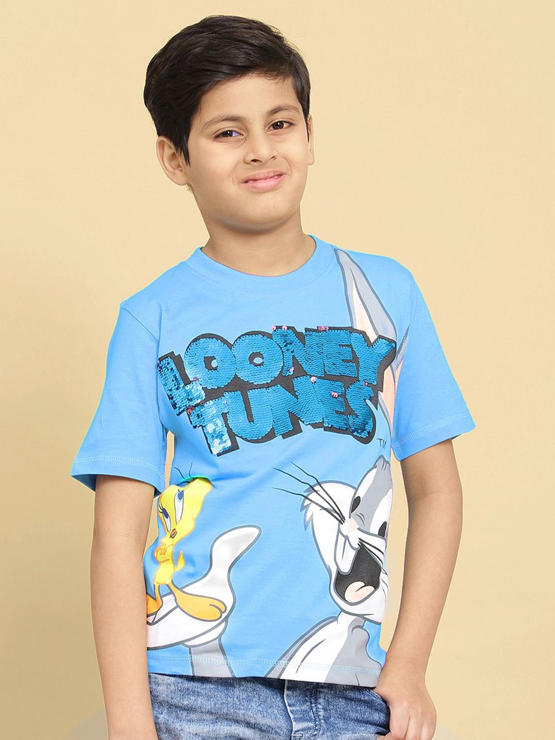 

Kids Ville Boys Looney Tunes Printed Pure Cotton Short Sleeve T-Shirt, Blue