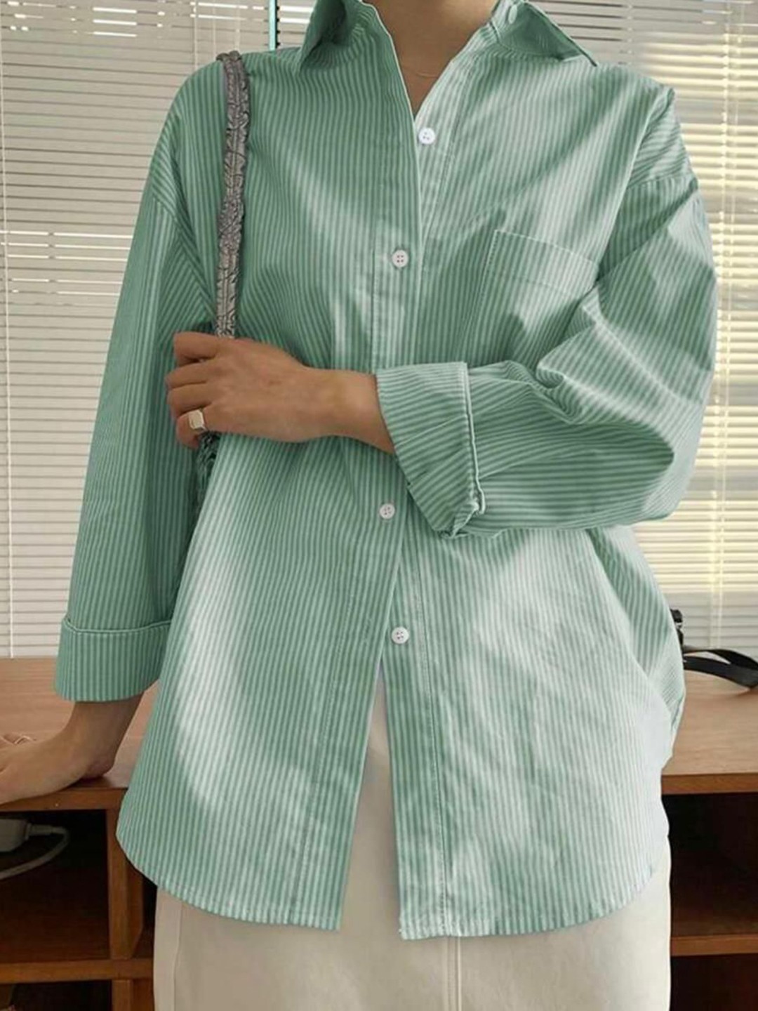 

Just Fab Women Standard Oversized Fit Spread Collar Vertical Striped Cotton Casual Shirt, Green