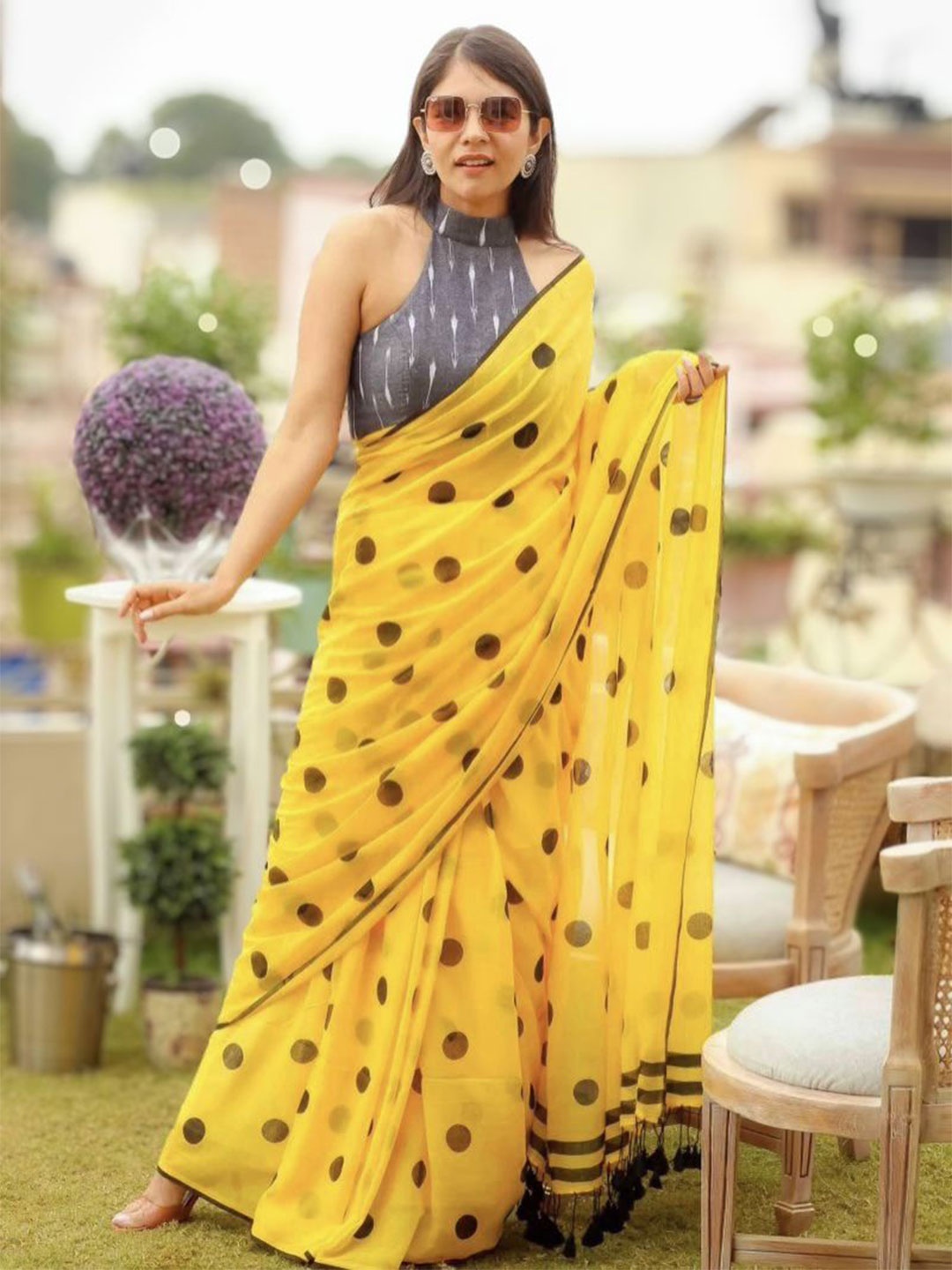 

Ruuprekha Polka Dot Printed Pure Cotton Khadi Saree with Stitched Blouse, Yellow