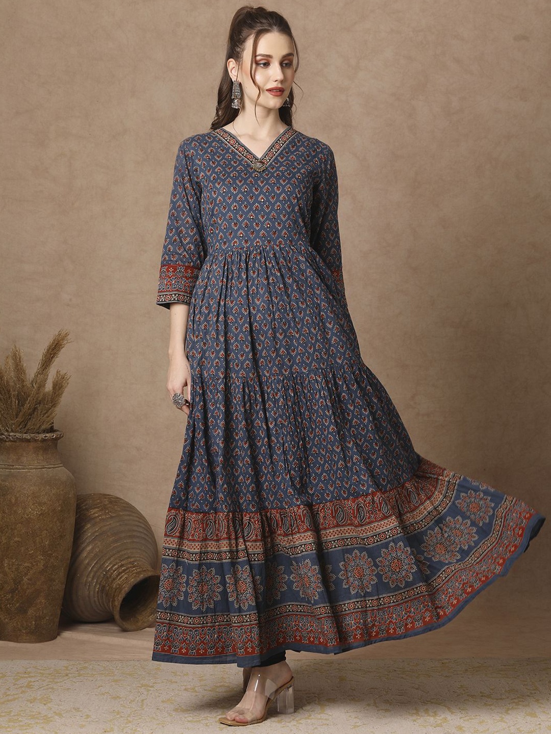 

FASHOR Ethnic Motifs Printed Cotton Tiered Fit and Flare Maxi Dress, Blue