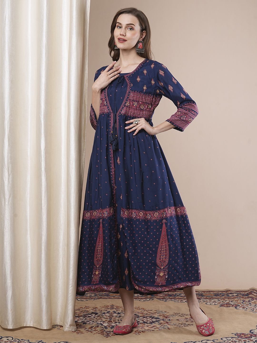 

FASHOR Women Ethnic Motifs Printed A-Line Dress with Embroidered Jacket, Blue