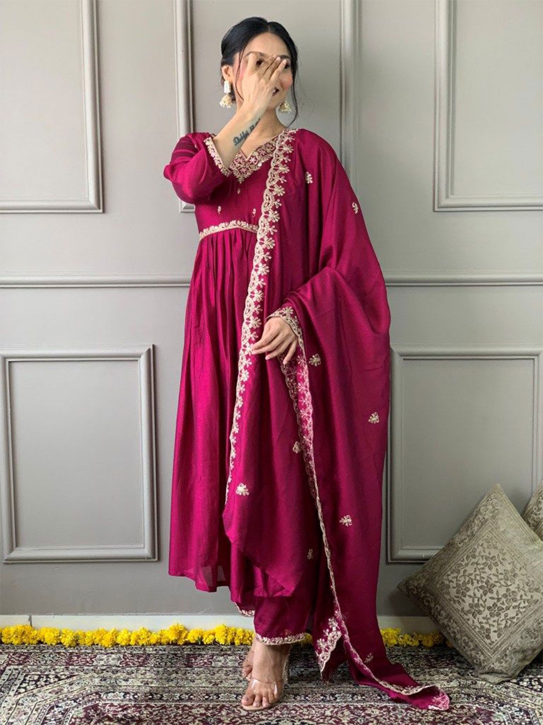 

SHREE KHODAL FASHION Ethnic Motifs Embroidered Thread Work Kurta with Trouser & Dupatta, Maroon