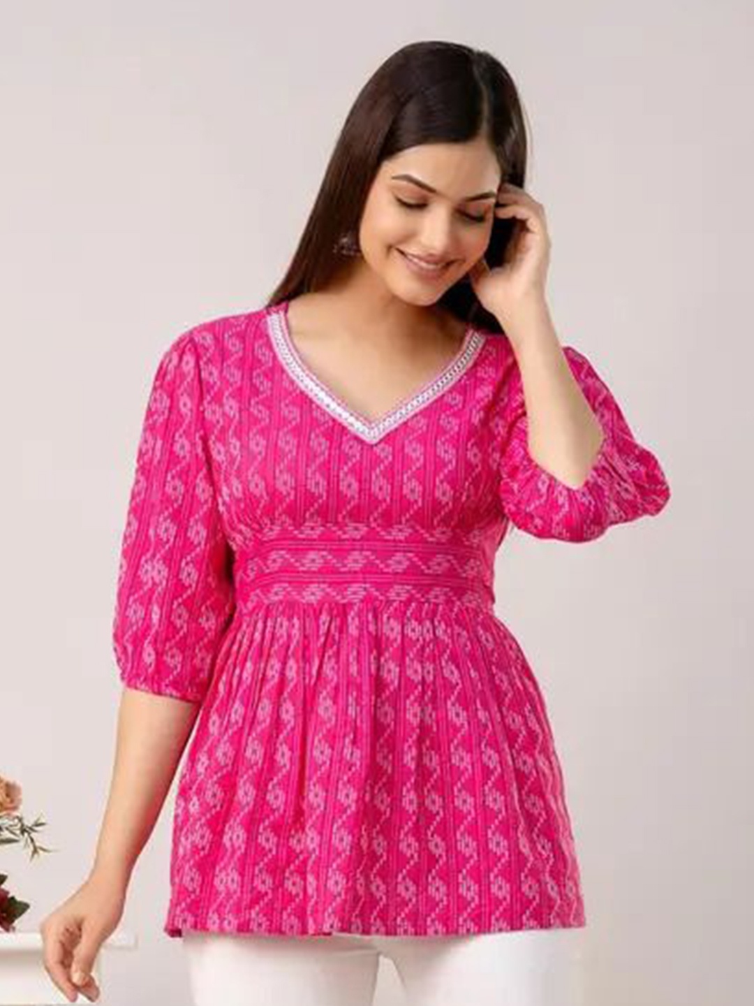 

BAESD Printed V-Neck Ethnic Top, Pink