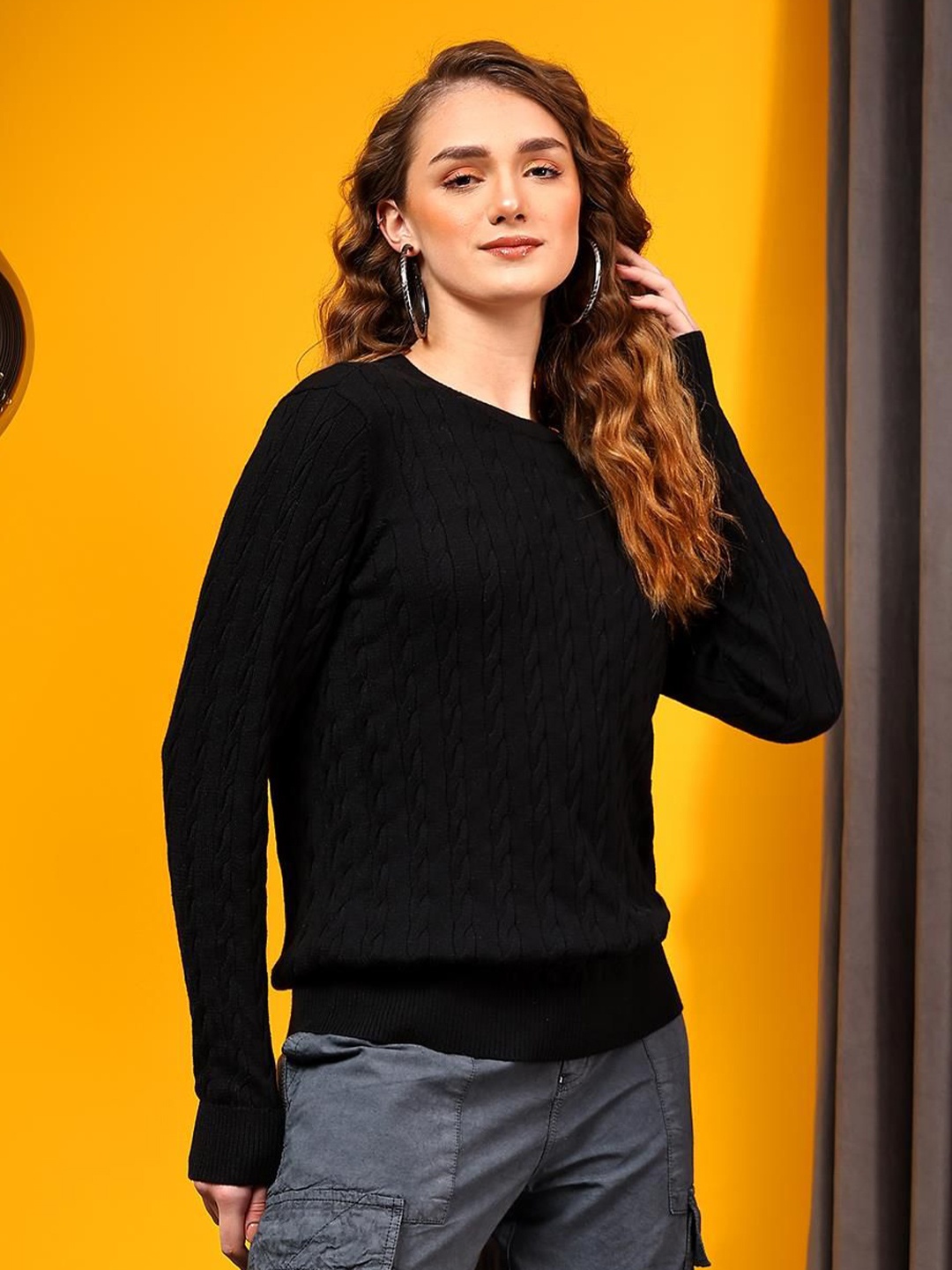

Kotty Women Self Design Cable Knit Pullover Sweaters, Black