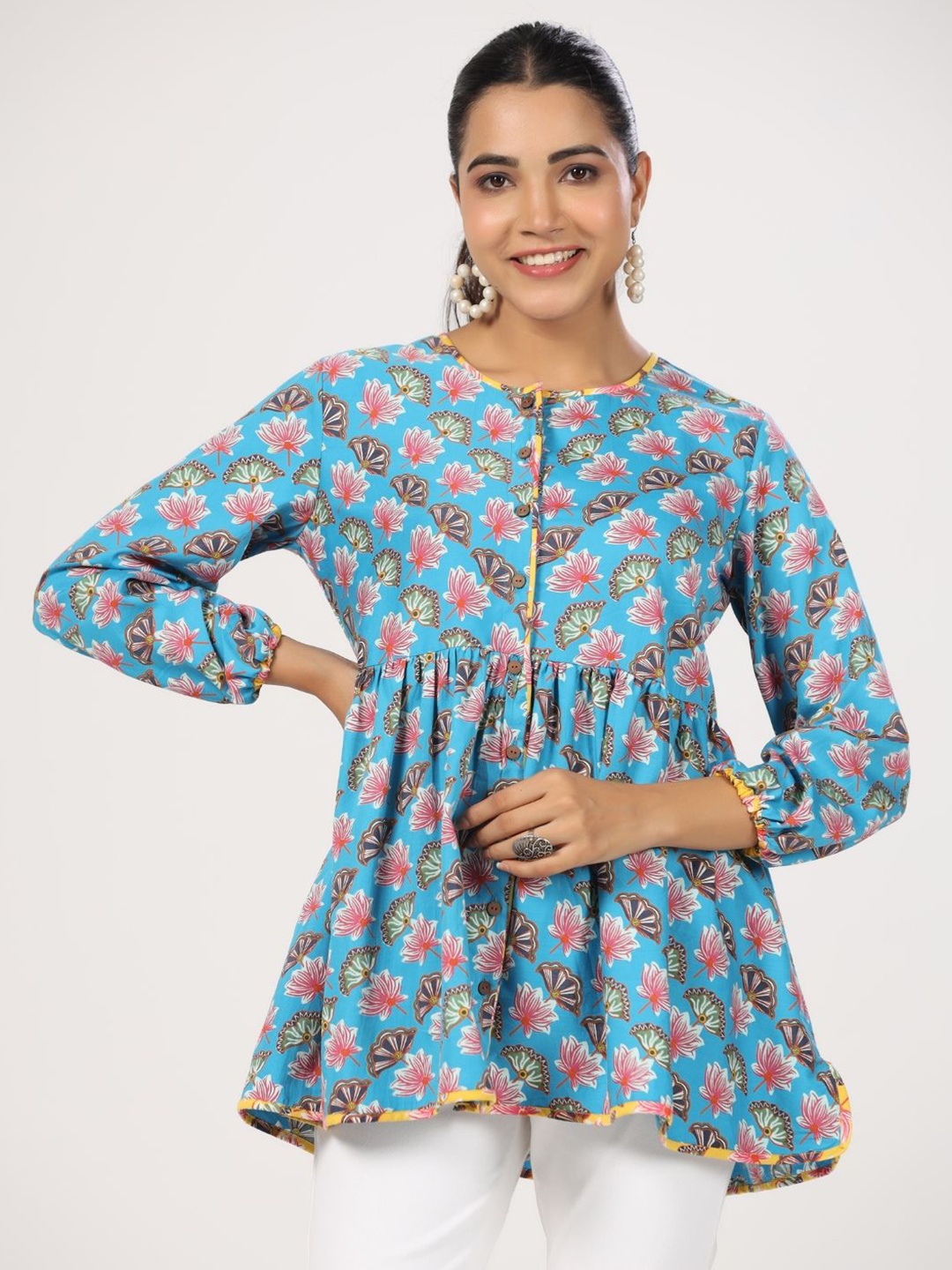 

JAIPURRANG Women Floral Printed Peplum Top, Turquoise blue