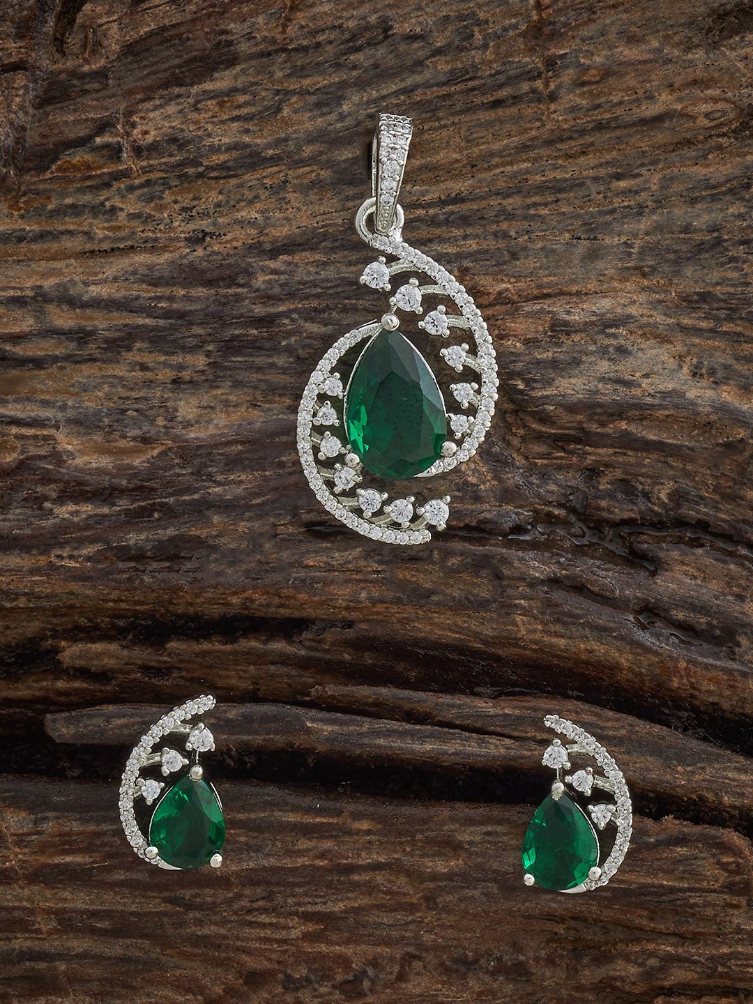 

Kushal's Fashion Jewellery Rhodium-Plated Cubic Zirconia-Studded Pendant and Earrings, Silver