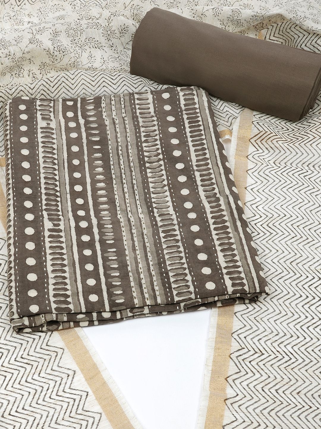 

KAMI KUBI Geometric Printed Pure Cotton Unstitched Dress Material, Brown