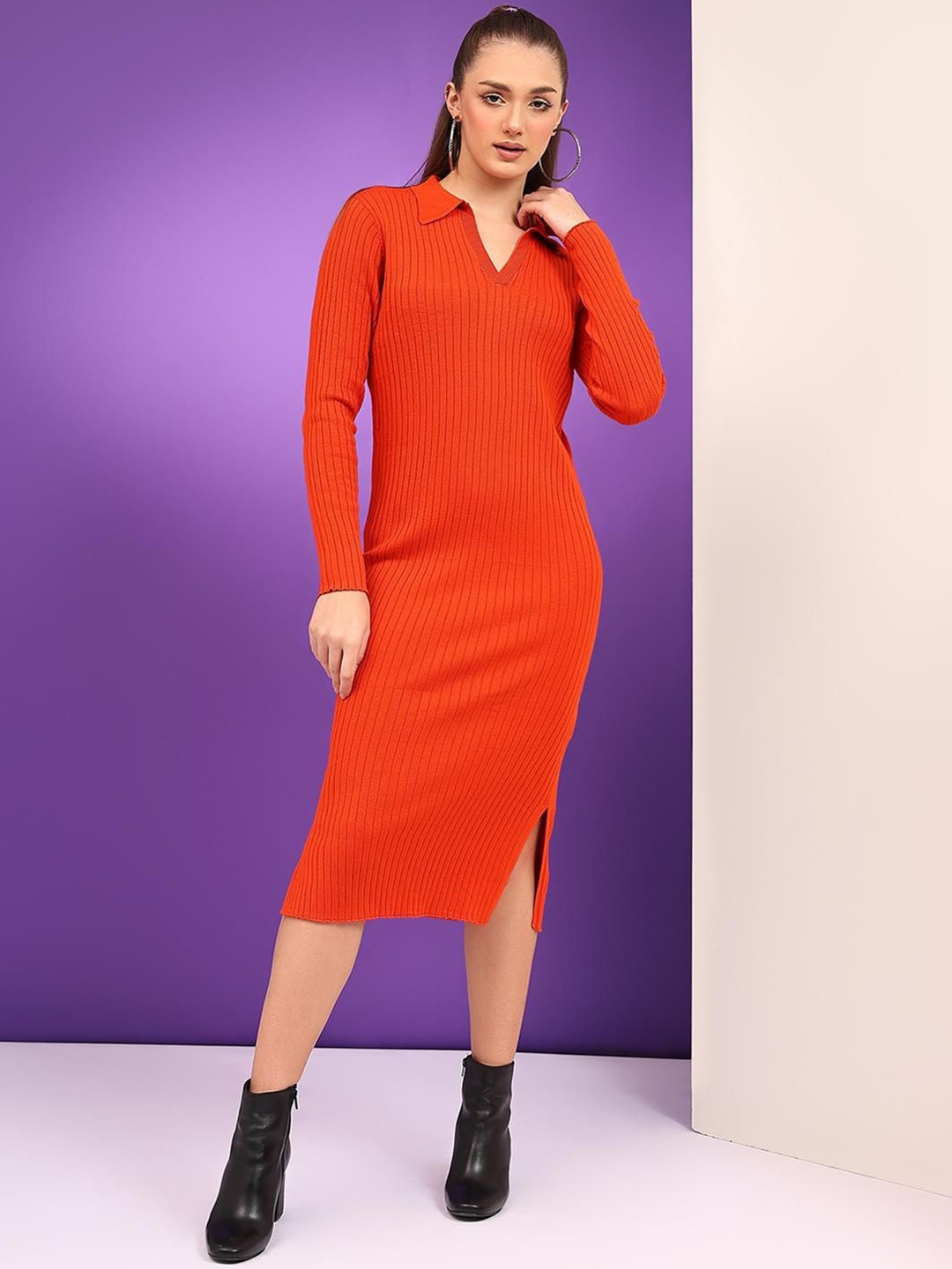 

Kotty Women Striped Cotton Bodycon Midi Dress, Orange