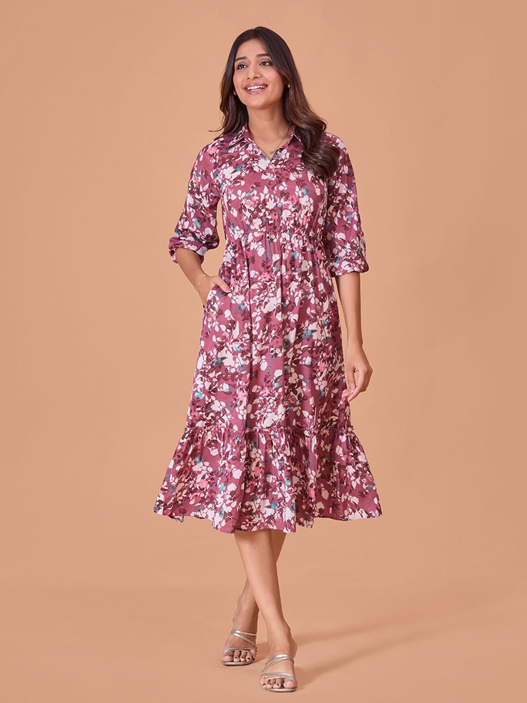 

Fashfun Women Floral Print Fit & Flare Midi Dress, Pink