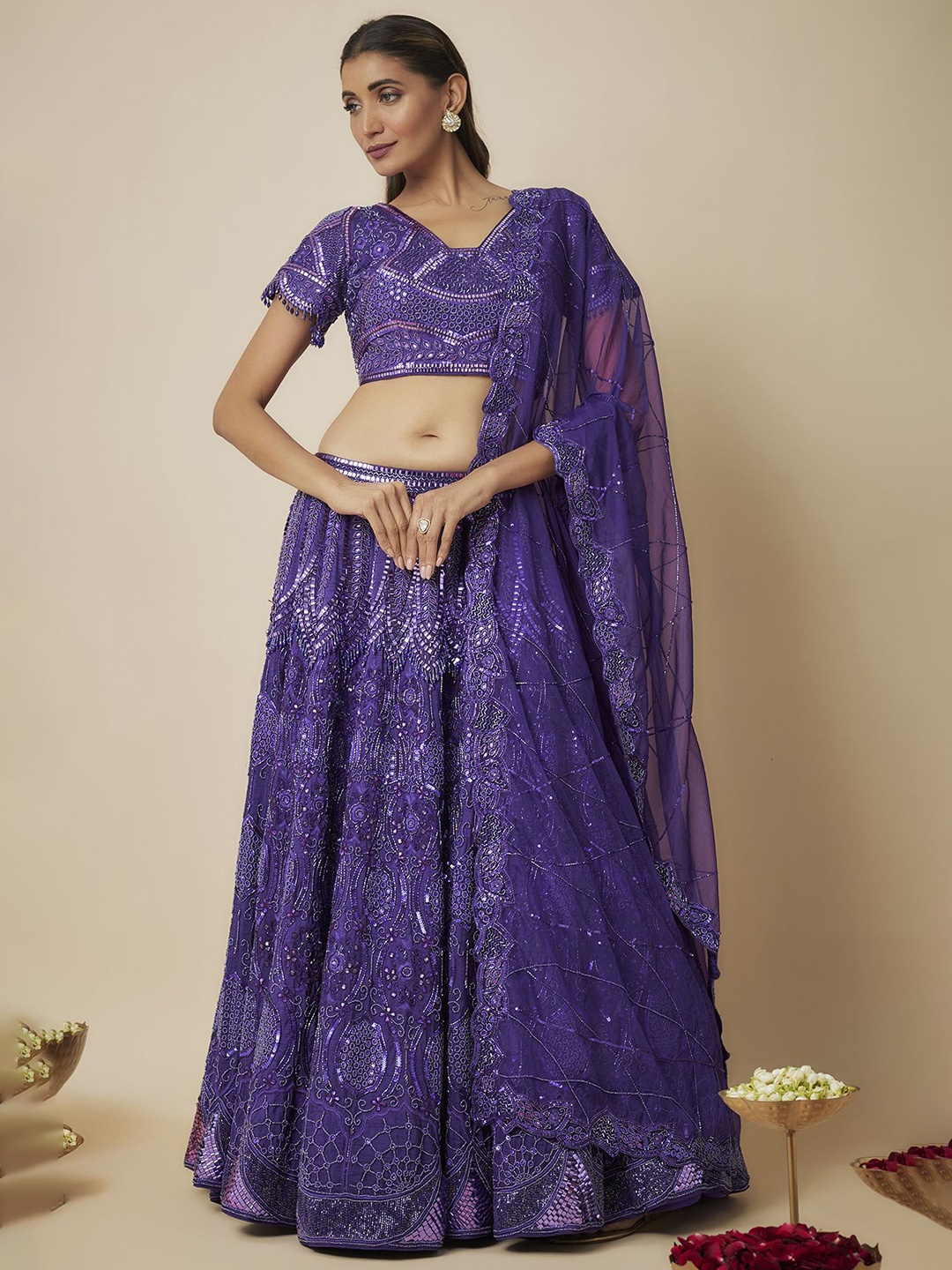 

Mehak Murpana Embroidered Beads and Stones Ready to Wear Lehenga & Blouse With Dupatta, Purple